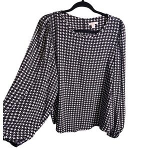 EST 1946 Black White Houndstooth Balloon Sleeve Blouse XL Classic Preppy Chic